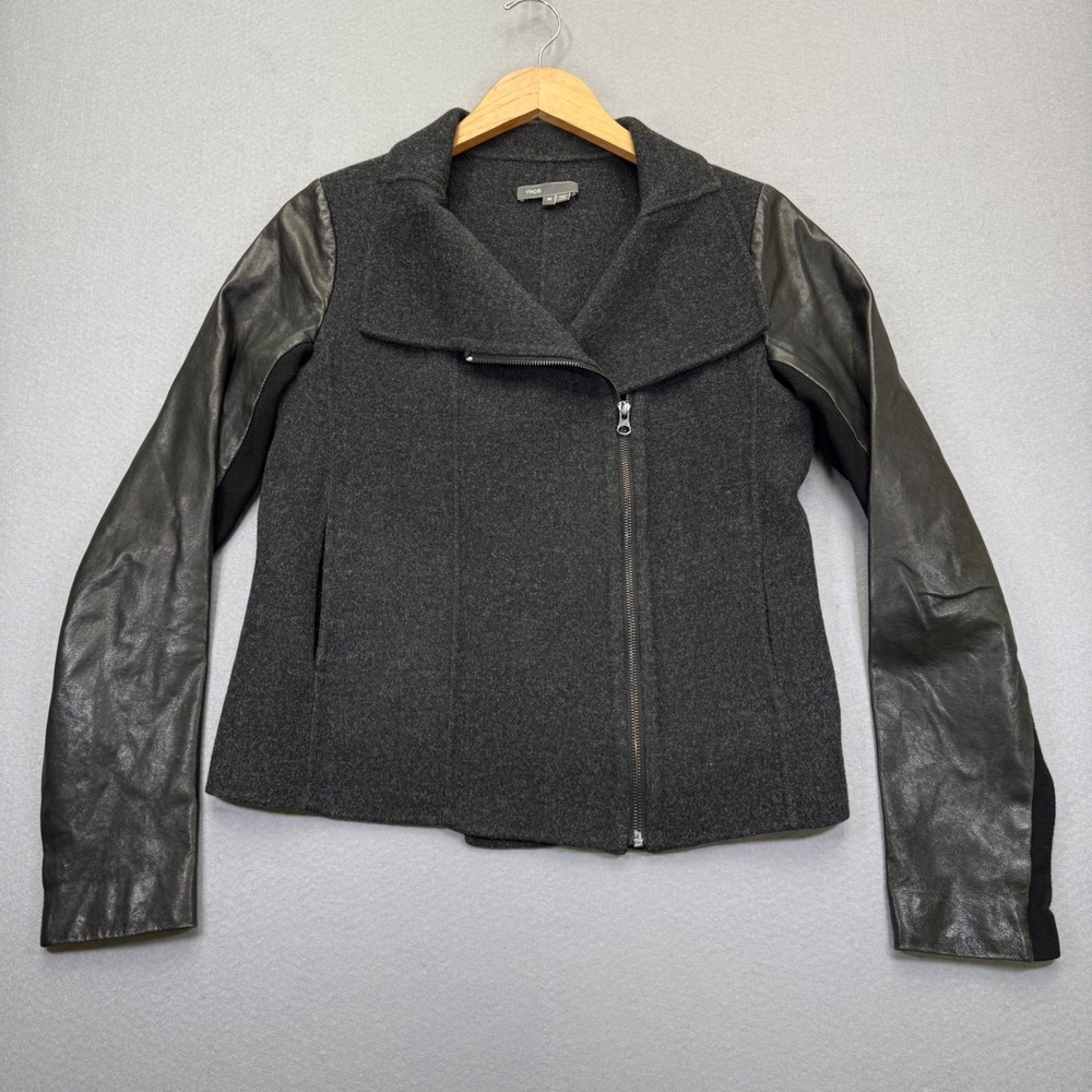 Vince Womens‎ Gray Wool Leather Sleeve Asymmetrical Zip Moto Jacket M READ